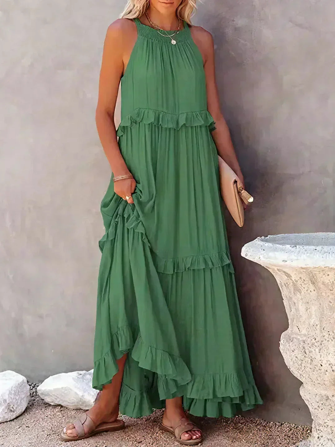 Sara Labins - Vestido Maxi con Volantes y Cuello Halter