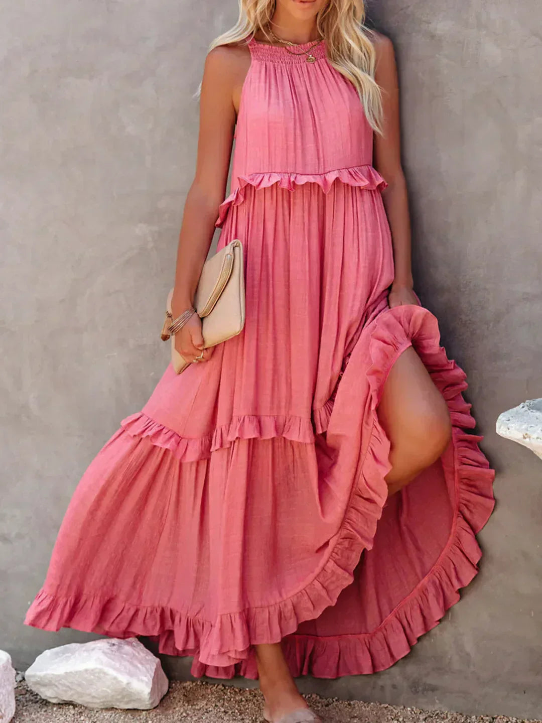 Sara Labins - Vestido Maxi con Volantes y Cuello Halter