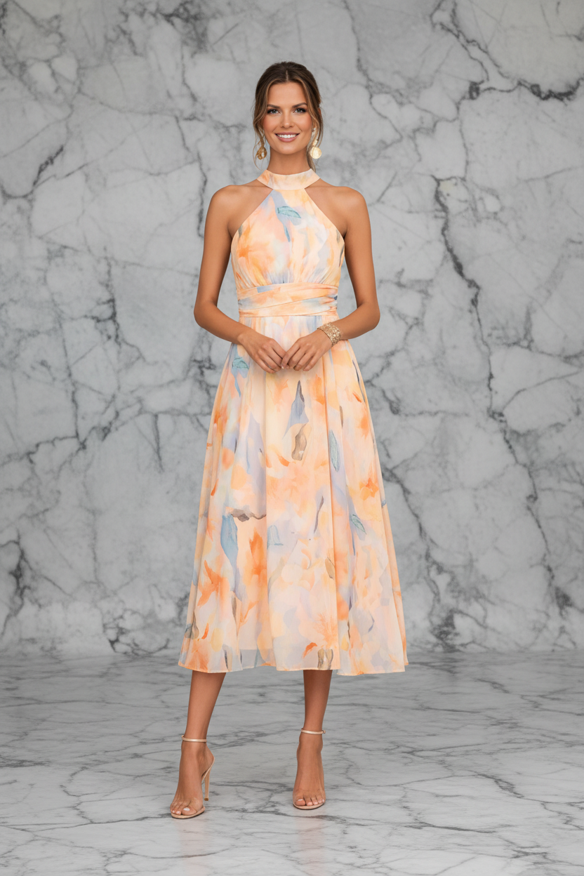 Sara Labins | Vestido de Cuello Halter con Estampado de Acuarela