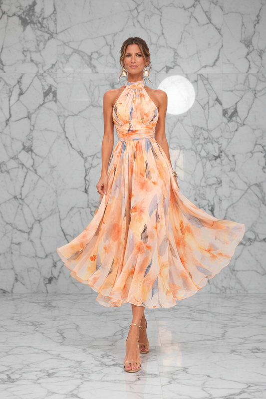 Sara Labins | Vestido de Cuello Halter con Estampado de Acuarela