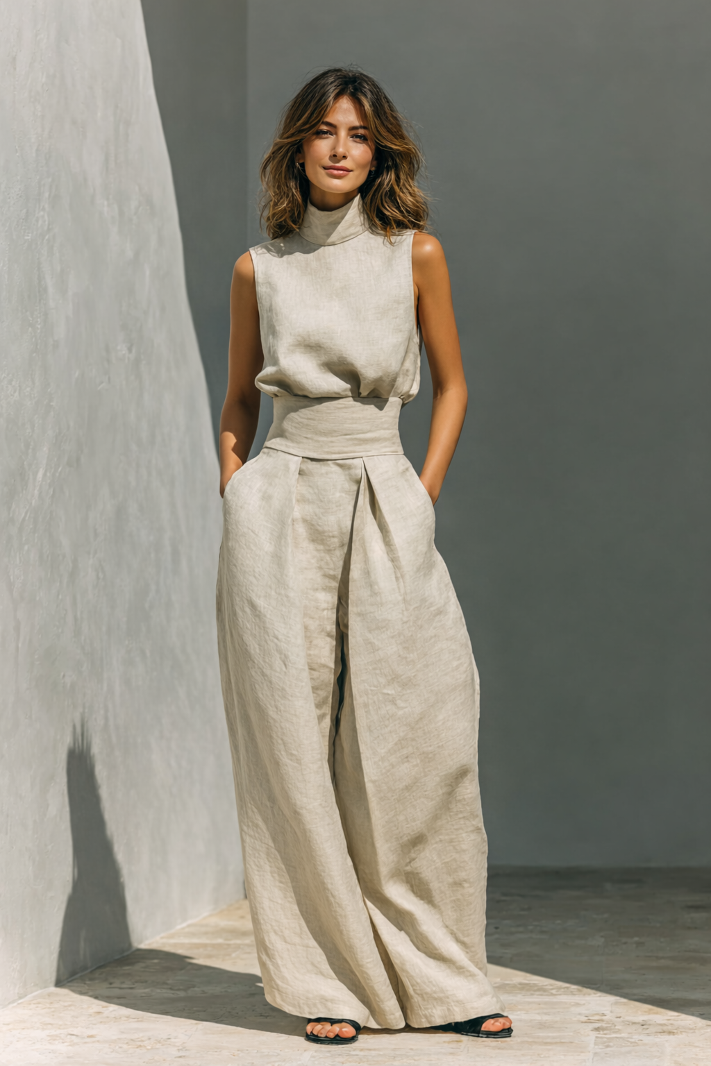 Julia™ | Conjunto de camiseta de tirantes y pantalones anchos de algodón y lino minimalista para mujer