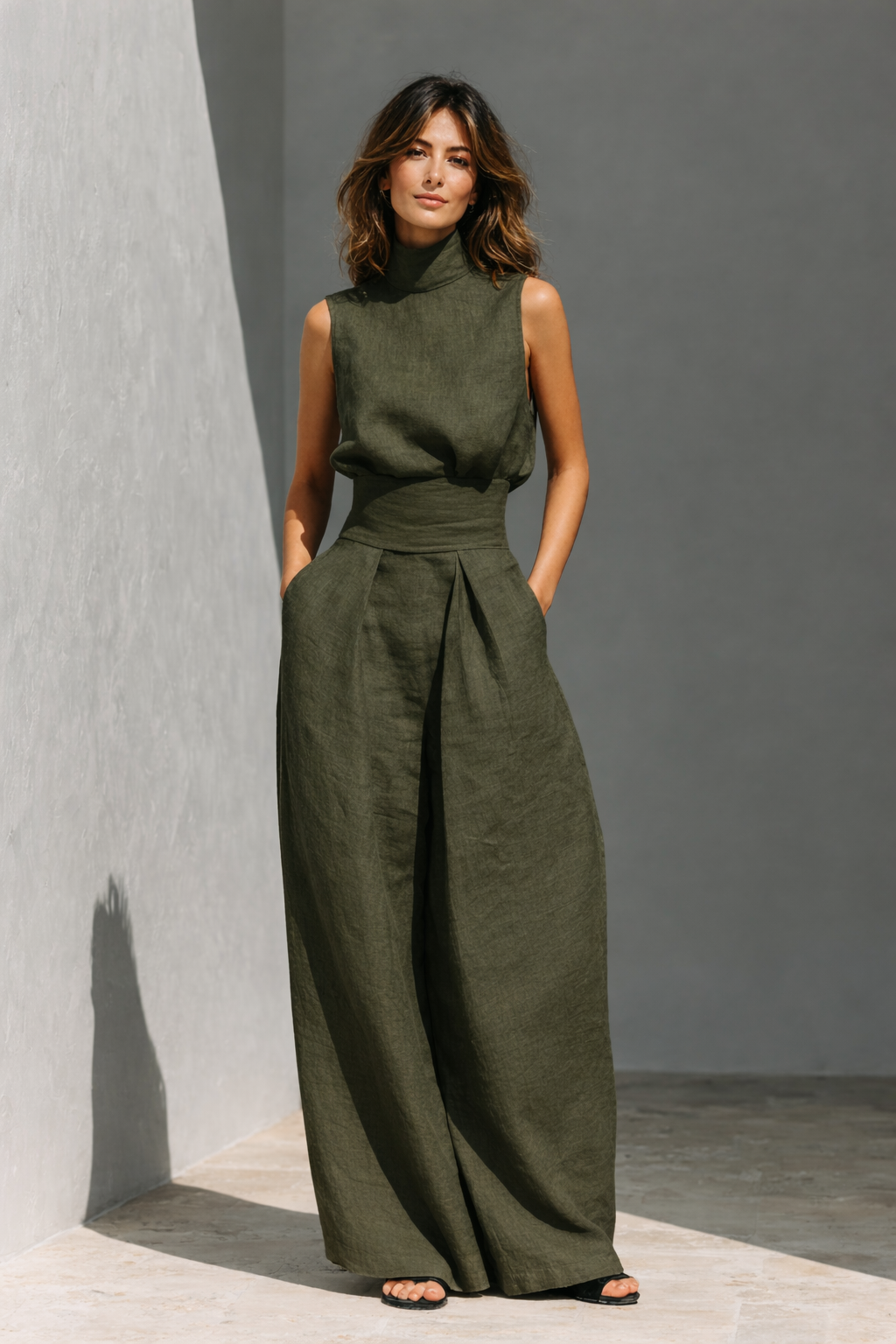 Julia™ | Conjunto de camiseta de tirantes y pantalones anchos de algodón y lino minimalista para mujer