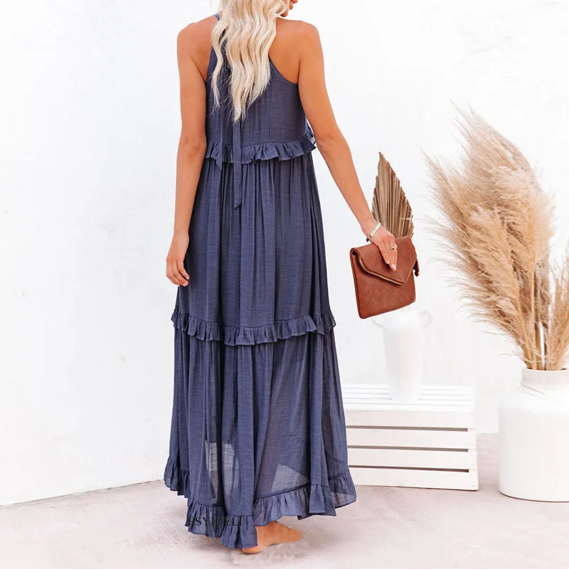 Sara Labins - Vestido Maxi con Volantes y Cuello Halter