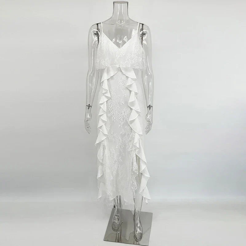 Vestido Maxi con Tirantes y Volantes