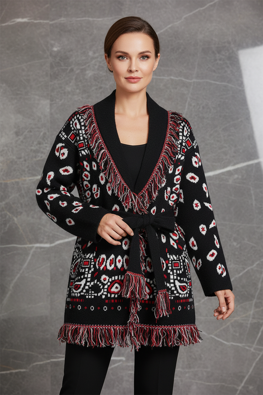 Cárdigan de mujer con borlas y estampado jacquard