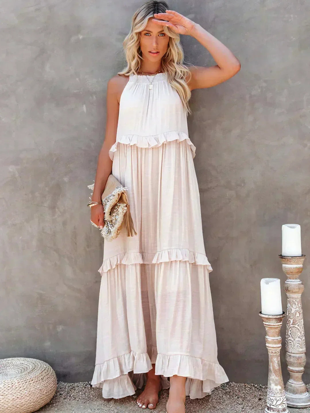 Sara Labins - Vestido Maxi con Volantes y Cuello Halter