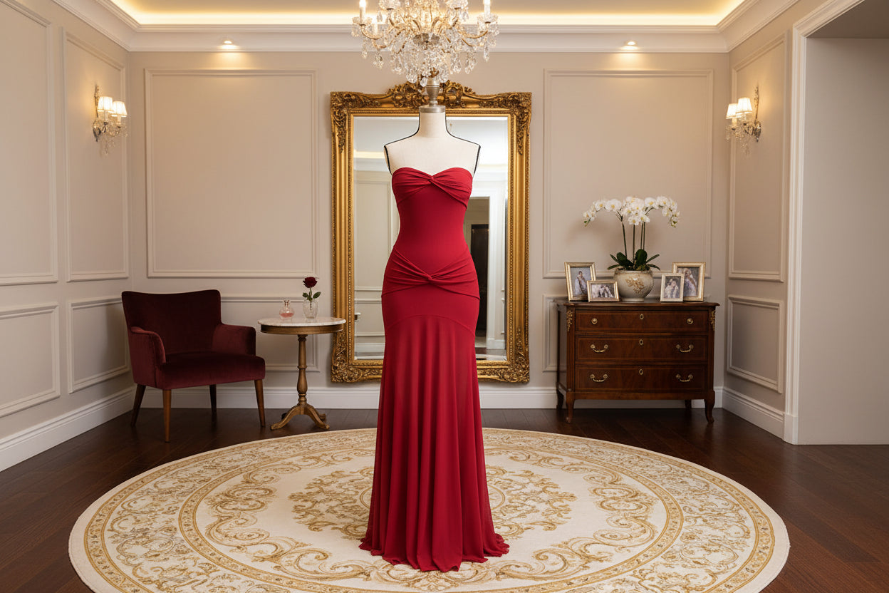 Vestido Maxi Fruncido sin Tirantes